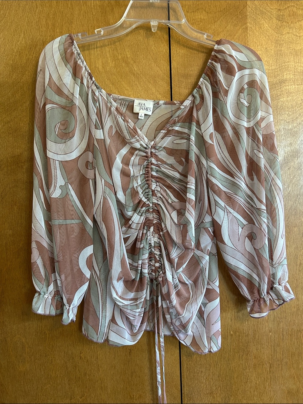 Ava James Women's Brown and Sage Green Patterned Ruched Blouse